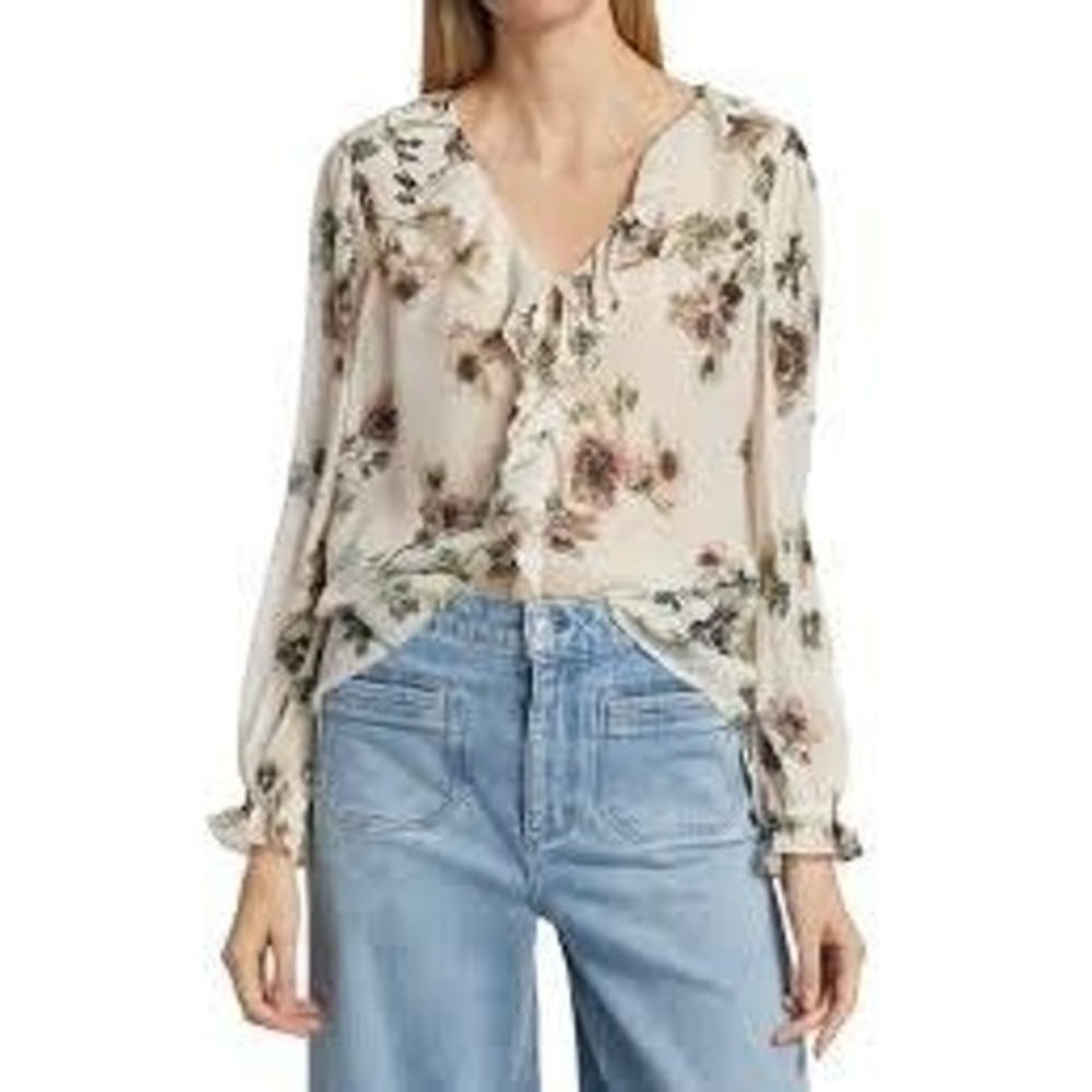 PAIGE Silk‎ Floral Ruffle Blouse Womens Large Cream Sage Boho Romantic Top Shirt